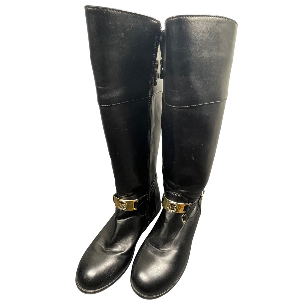 Michael Kors Women Riding Boot Black Faux Leather 5 Rivera Gold Hardware